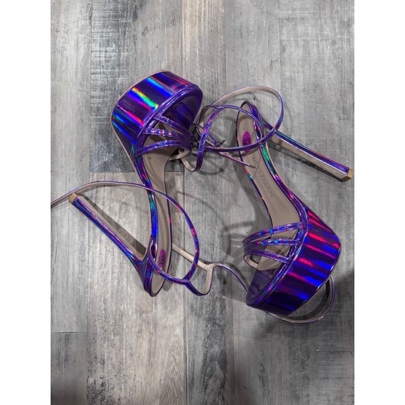 Stuart Weitzman Shoes - Stuart Weitzman Skyhigh 145 Purple Holographic Strappy Platform Sandal NWOT 8.5